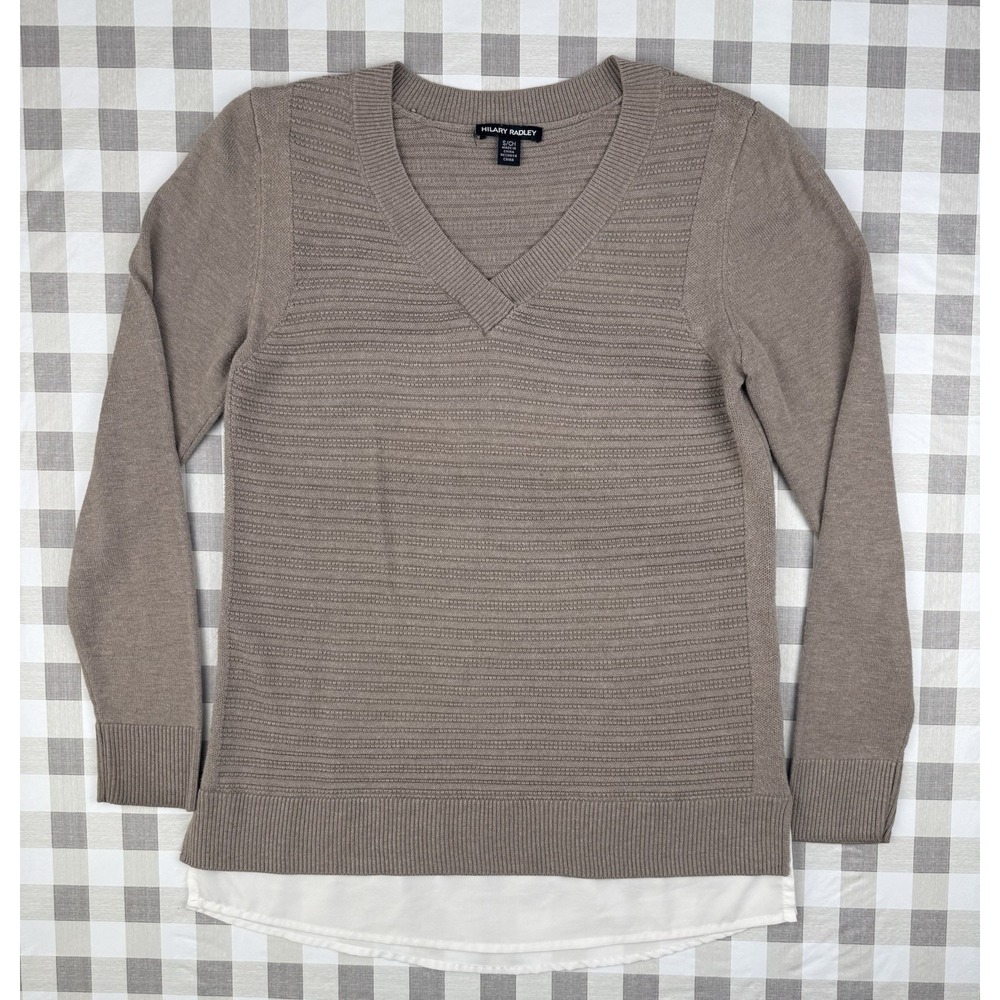Hilary Radley Layered V Neck Sweater Top Small Taupe Office Chic